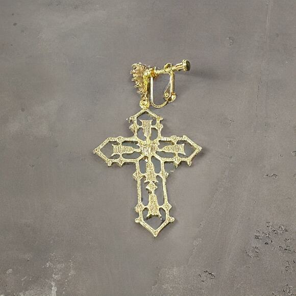 Vintage 2 3/4" clip on gold red and clear stone cross earrings - Picture 3 of 4